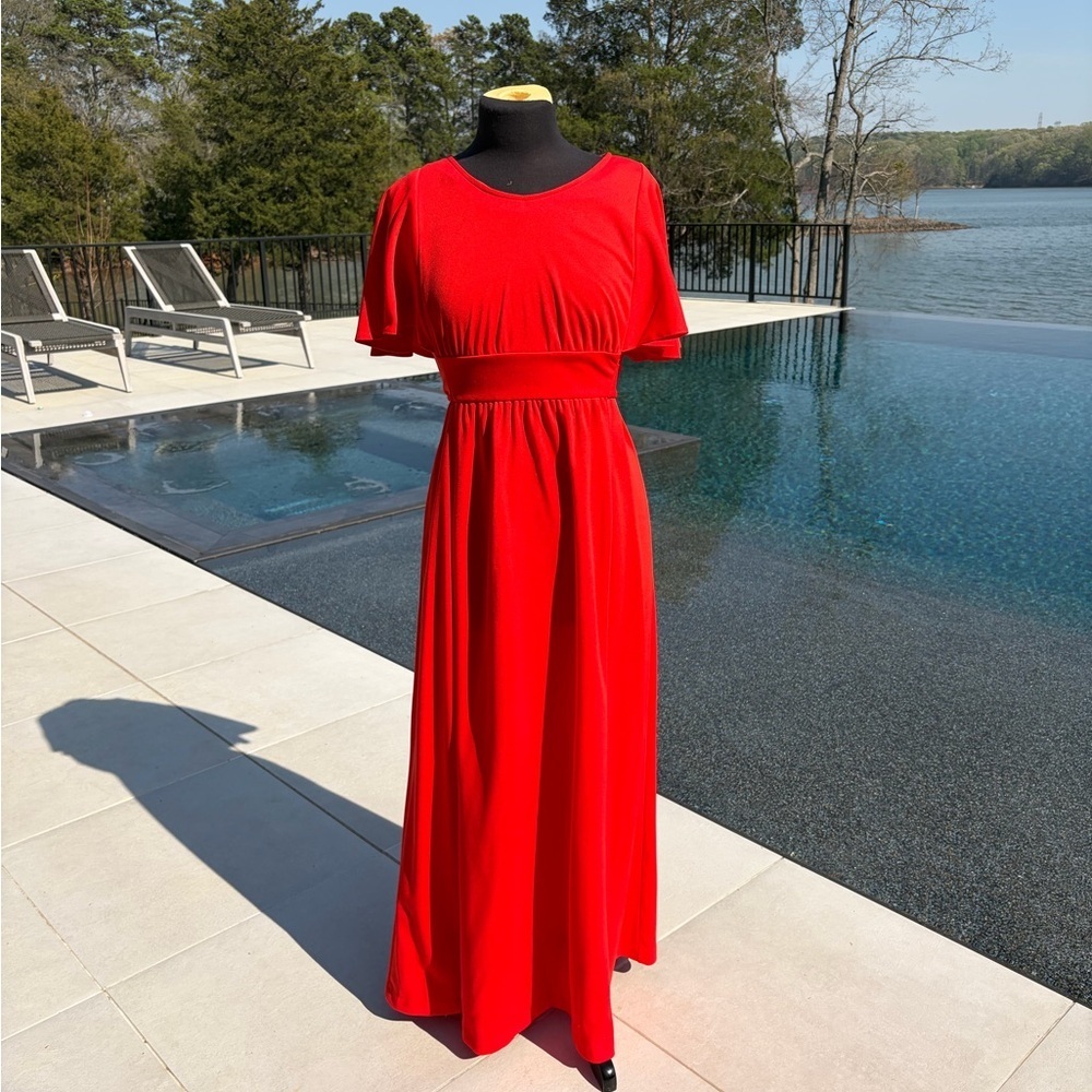 Vintage Red Maxi Dress Sears XS S Boho Empire Waist Tie Back Festival